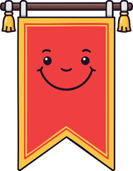 Red and yellow smiling banner hanging from wooden pole vector illustration
