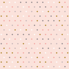 Soft multicolor polka dot pattern on light pink background. Seamless nursery design vector with pastel dots. Illustration for baby shower, wrapping paper, textile, wallpaper, and cute decoration.