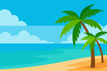 Fototapeta premium Tropical beach scene with palm trees and blue sky with clouds