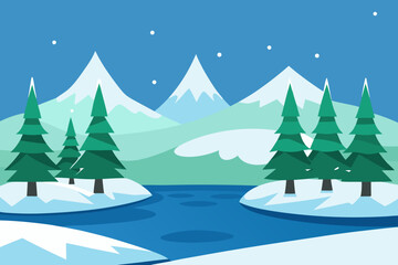 Obraz premium Stylized winter landscape with snow covered mountains and pine trees