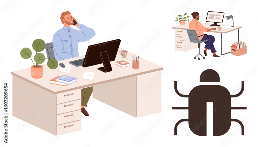 Poster two office workers troubleshooting on desktops, symbol of a bug representing tech issues. ideal for 