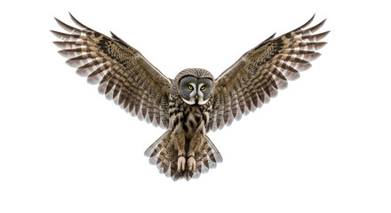 Obraz premium Owl in Mid-Flight with Wings Fully Spread on White Background