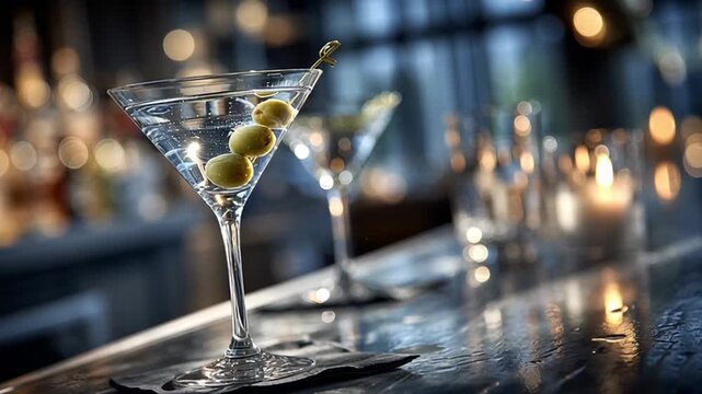 Elegant Martini Night. Martini glasses with olives on a stylish bar setting with candles.