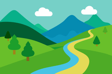 Obraz premium Stylized illustration of a winding river flowing through green hills towards blue mountains under a clear sky with clouds