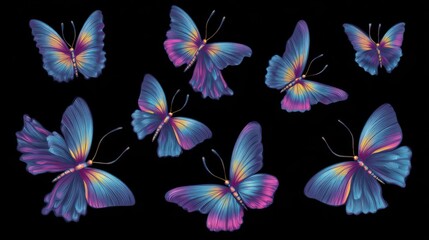 Vibrant butterflies in a variety of shades of blue, purple, and gold on a black background.