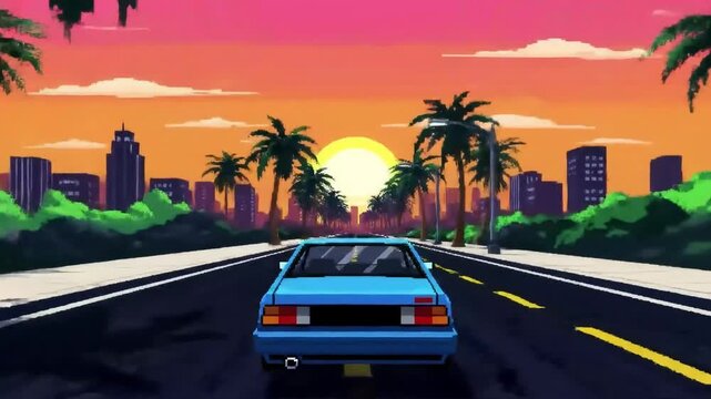 Retro 80s Sports Car Driving in Sunset Pixel Art Loop