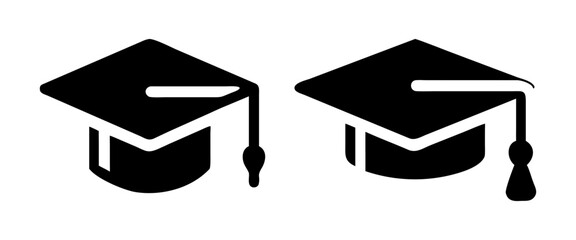 Two vector icons of graduation caps with tassels, shown from different angles. Symbolizes academic achievement and ceremony.