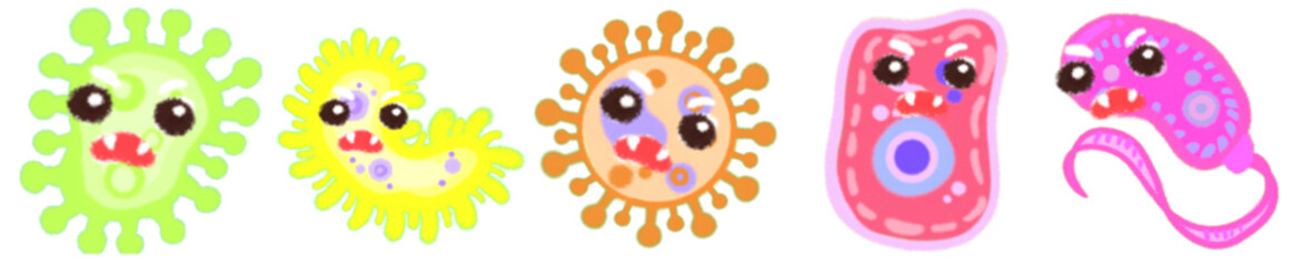 Colorful Cute Virus Clipart Set – Funny Cartoon Germs and Bacteria with Big Eyes – Science and Health Education Decor – Microbe Characters for Kids Projects, Posters, Stickers, and Digital Use