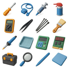 Repair 3d icon set. containing screwdriver, brush, pliers, syringe, multimeter, magnifier, circuit board, and more.