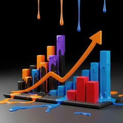 Colorful abstract 3d bar graph with upward trending arrow and dripping paint symbolizing growth and success