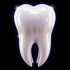A healthy sparkling white molar tooth with glossy enamel and roots against a dark background