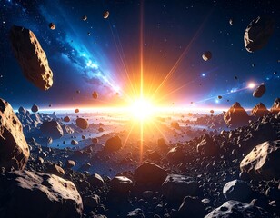 Fototapeta premium Cosmic landscape, asteroid field, sunrise