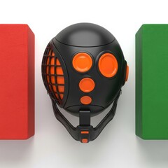 Futuristic black robot head with orange accents between red and green blocks on white background