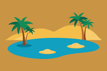 Obraz premium Stylized desert oasis with palm trees and blue water surrounded by sand dunes