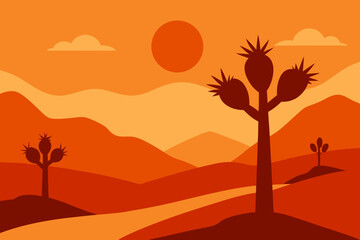 Vibrant desert landscape with joshua trees under a warm orange sun