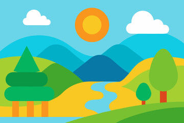 Obraz premium Stylized landscape with rolling hills river sun and trees under a blue sky