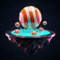 Surreal floating island with glowing blue water and striped spheres in a dark cosmic environment