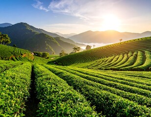 Fototapeta premium Lush green tea fields at sunrise