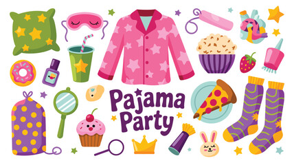 Pajama Sleepover Party Supplies and Accessories – Fun Vector Illustration for Kids’ Entertainment, Birthday Celebrations, Sleepover Events, and Cozy Nighttime Gatherings with Cute Design Elements

