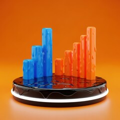 Abstract 3d rendering of a rising bar chart with blue and orange columns on a reflective surface against an orange background