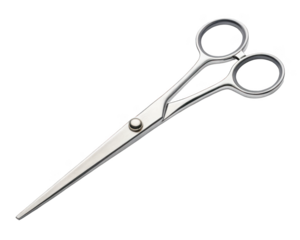 Professional silver scissors with black finger grips on a clean transparent background