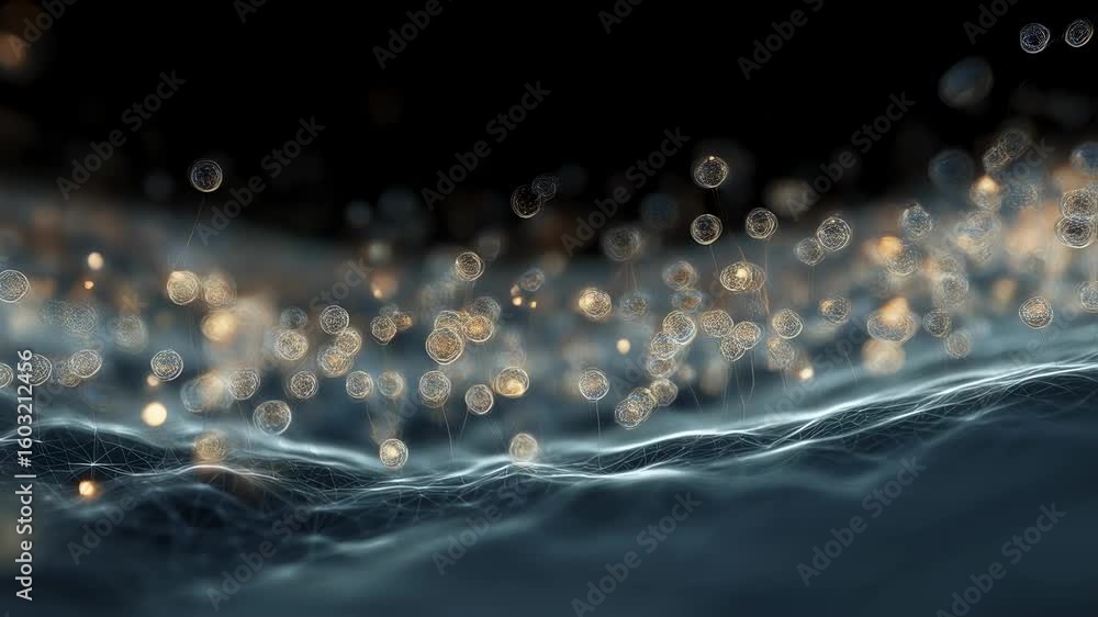 Poster abstract network of glowing spheres connected by thin lines rising from a wavy surface, creating a f