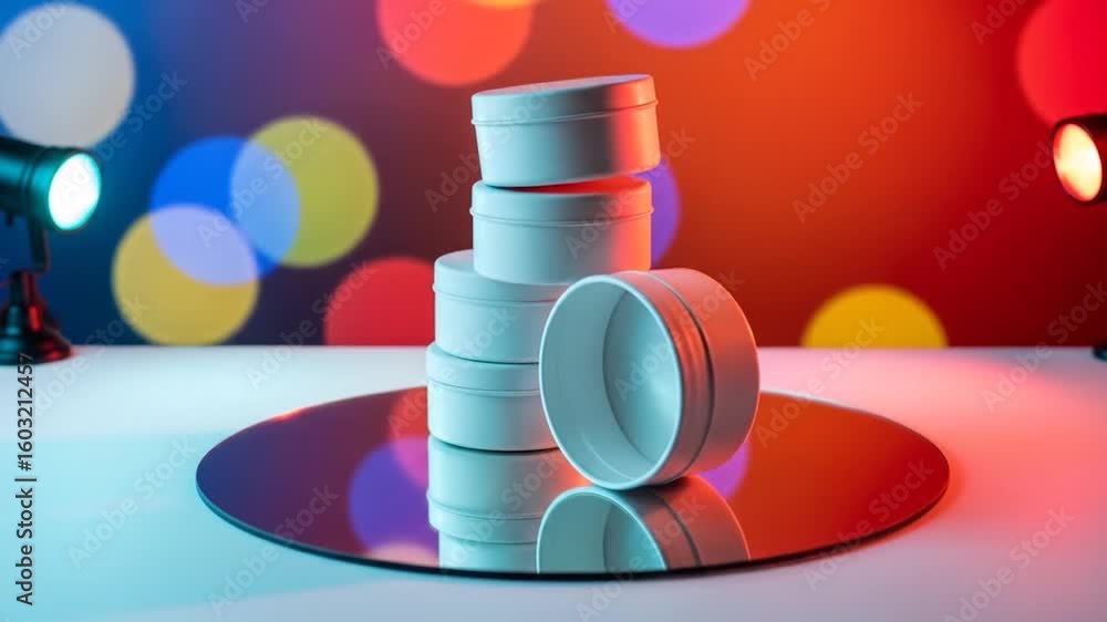 Poster stacked white cosmetic containers on reflective surface with colorful bokeh and studio lighting