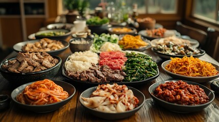 Family gathering with bulgogi beef japchae pickled radish and ssam wraps on a large table surrounded by joyful conversations and laughter