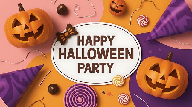 Festive halloween party invitation with jack o lanterns candy and witch hats