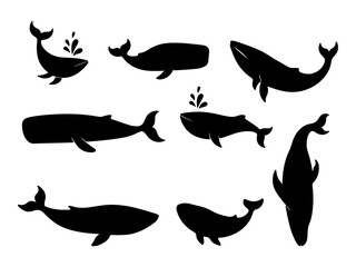 Collection of whale silhouettes in various poses isolated on white background