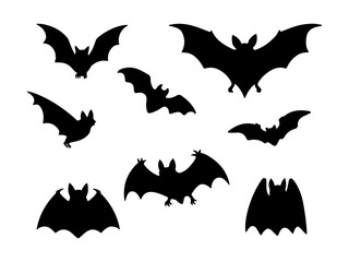 Collection of flying bat silhouettes isolated on white background for halloween decorations