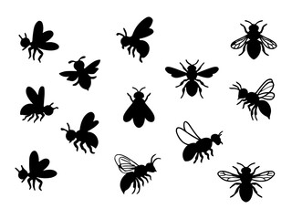 Collection of stylized bee silhouettes isolated on white background