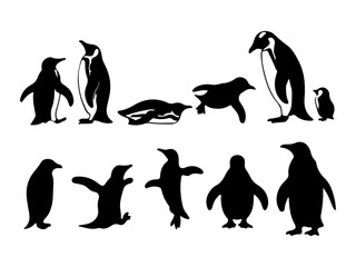 Collection of various penguin silhouettes in different poses isolated on white background silhouette