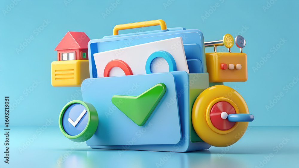 Fototapete a 3d rendered folder with various icons, including a checkmark, clock, and house, suggesting organiz