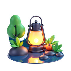 soft focus lantern glows warmly amidst lush greenery reflected calm water surface starry night