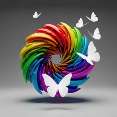 Vibrant rainbow colored abstract circular sculpture with white butterflies flying around it