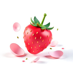 soft focus watercolor strawberries float amidst delicate petals crisp white canvas subtle golden light casting gentle