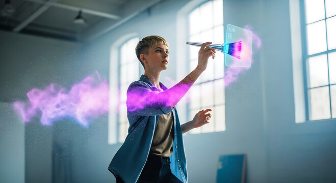 Person painting digital art with glowing brush image