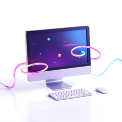 vibrant rendered desktop computer surrounded swirling neon lights set bright white reflective