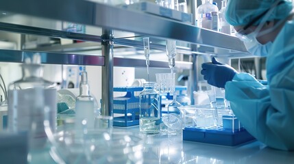 ### Title:  
"Scientific Inquiry: Dynamic Laboratory Experiment Scene – Flasks with Color-Changing Liquids, Glowing Bunsen Burner Flames, Precision Pipettes in Action, and Lab-Coated Researchers Adjus