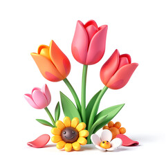 vibrant tulips sunflowers stand amidst soft petals stark white canvas set subtle gradient
