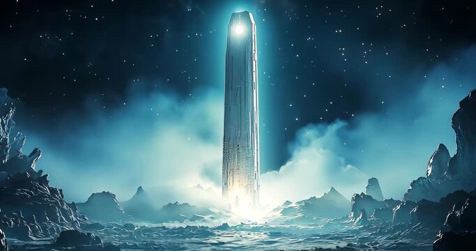 A towering, glowing structure illuminates a dark, otherworldly landscape under a starry night sky.
