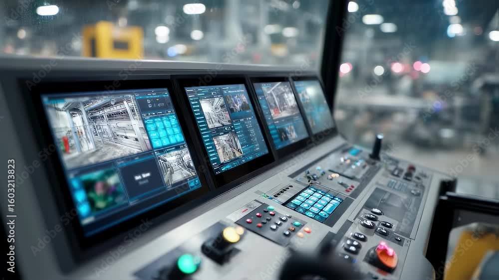 Poster multiple screens displaying cctv footage are part of an advanced industrial production line monitori