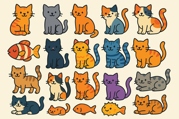 Fototapeta premium Funny cartoon cat icons collection with various cute pet animals