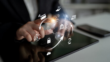 Worldwide digital payment network showing secure financial transactions. Digital payment supports...