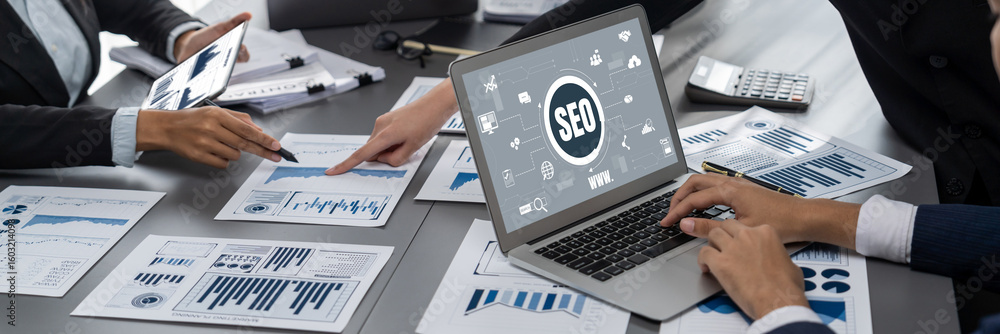 Poster seo search engine optimization for brisk e-commerce and online retail business showing on computer s