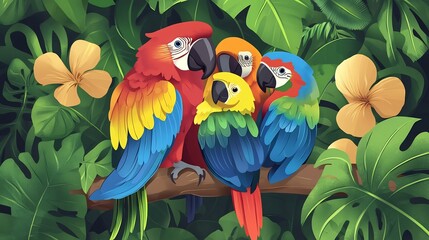 Family of parrots huddled together on a branch each with brightly colored feathers surrounded by green foliage and tropical flowers creating a warm and cozy family scene in the jungle