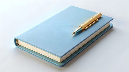 A light blue notebook with a textured cover lies open, with a golden pen resting on its pages, isolated on a white background