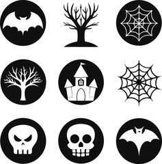 Obraz premium Nine black circles with white Halloween icons including bats skulls trees and castles