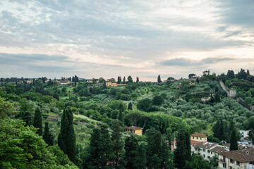 View of a green valley in the Tuscany region of Italy Green plants and many houses between them can...